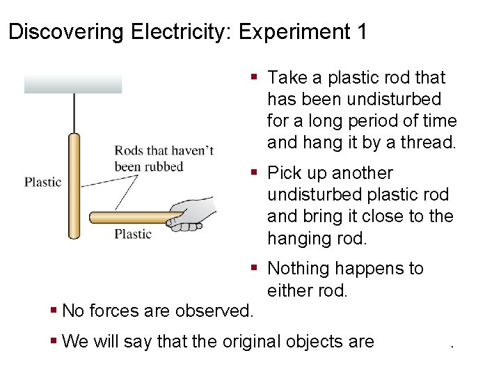 Discovering Electricity: Experiment 1 § Take a plastic rod that has been undisturbed for