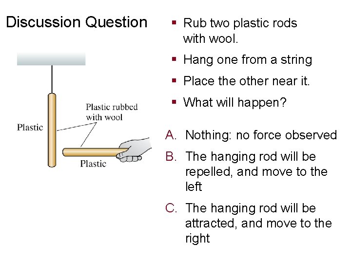 Discussion Question § Rub two plastic rods with wool. § Hang one from a