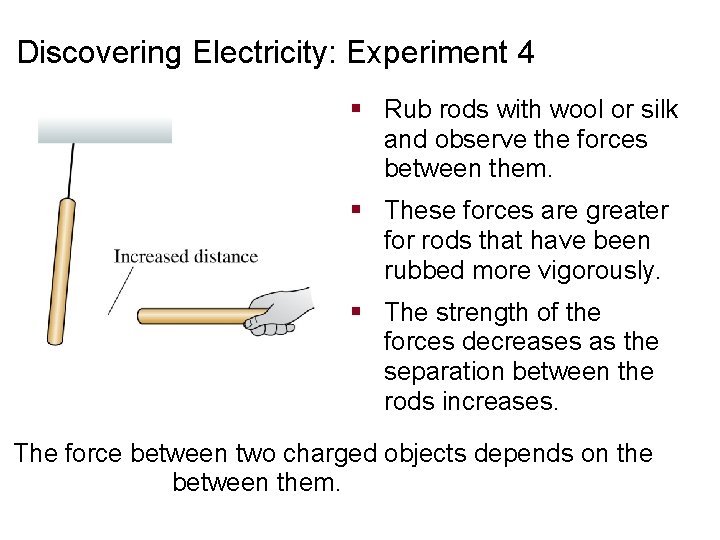 Discovering Electricity: Experiment 4 § Rub rods with wool or silk and observe the