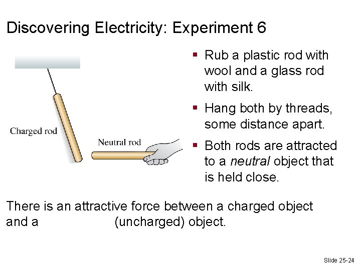 Discovering Electricity: Experiment 6 § Rub a plastic rod with wool and a glass