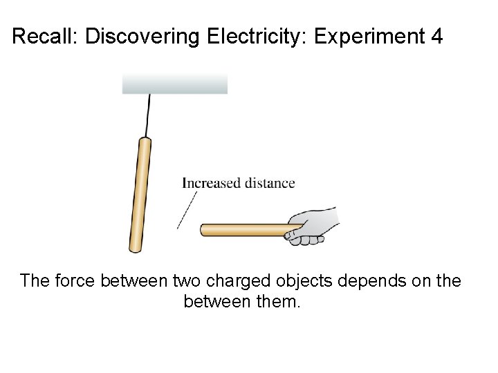 Recall: Discovering Electricity: Experiment 4 The force between two charged objects depends on the