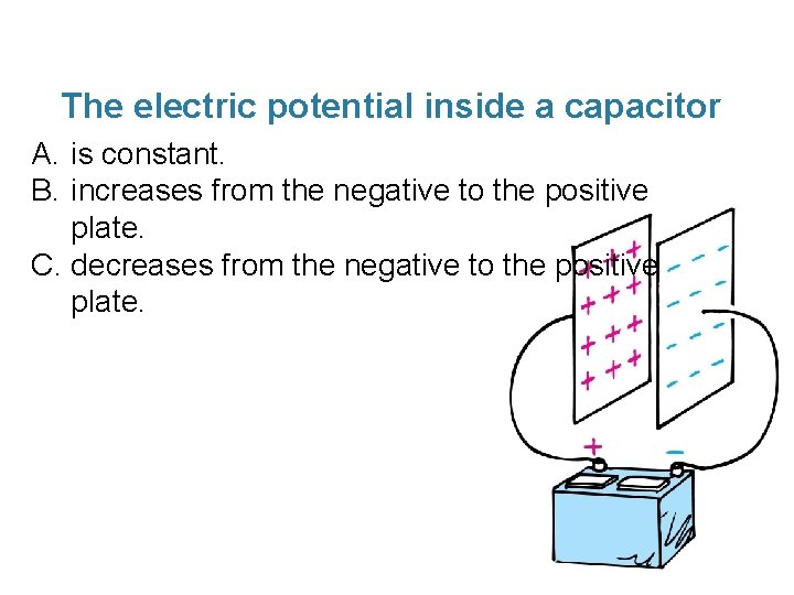 The electric potential inside a capacitor A. is constant. B. increases from the negative