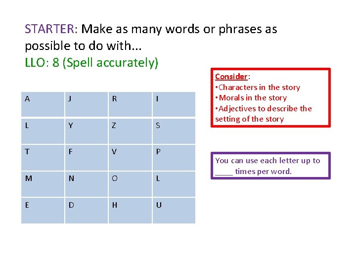 STARTER: Make as many words or phrases as possible to do with. . .