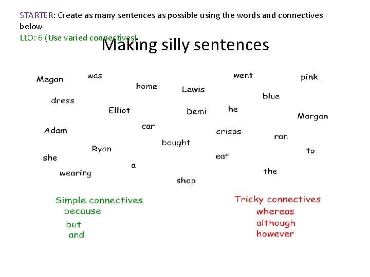 STARTER: Create as many sentences as possible using the words and connectives below LLO: