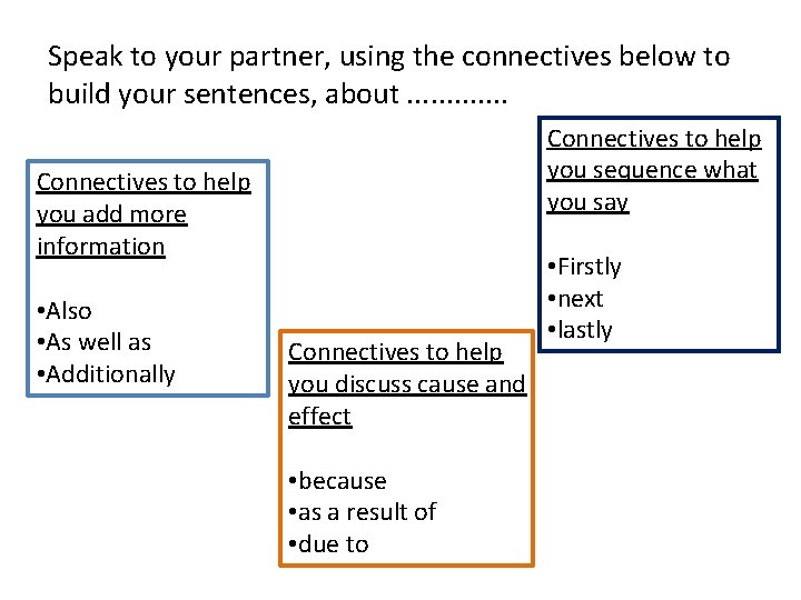 Speak to your partner, using the connectives below to build your sentences, about. .