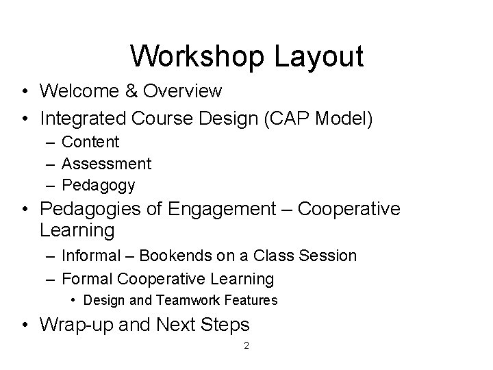 Workshop Layout • Welcome & Overview • Integrated Course Design (CAP Model) – Content