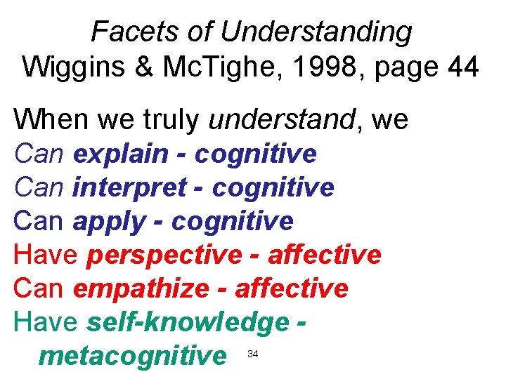 Facets of Understanding Wiggins & Mc. Tighe, 1998, page 44 When we truly understand,