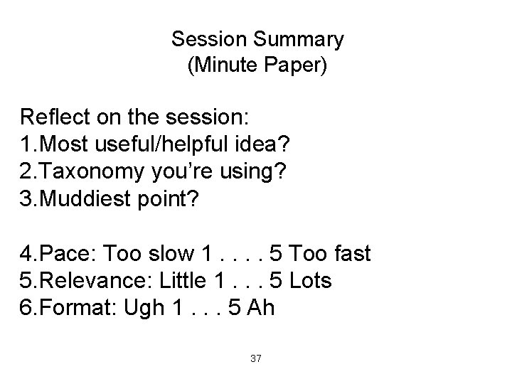 Session Summary (Minute Paper) Reflect on the session: 1. Most useful/helpful idea? 2. Taxonomy