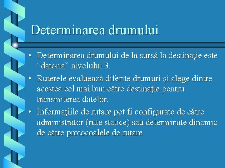 Determinarea drumului • Determinarea drumului de la sursă la destinaţie este “datoria” nivelului 3.