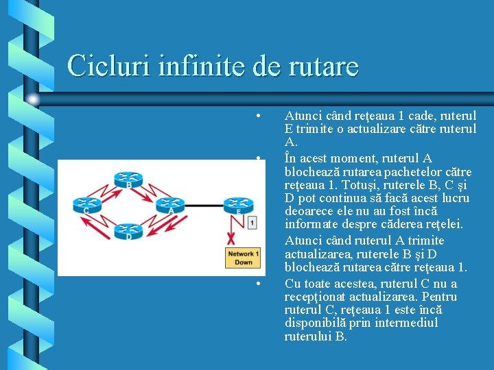 Cicluri infinite de rutare • • Atunci când reţeaua 1 cade, ruterul E trimite