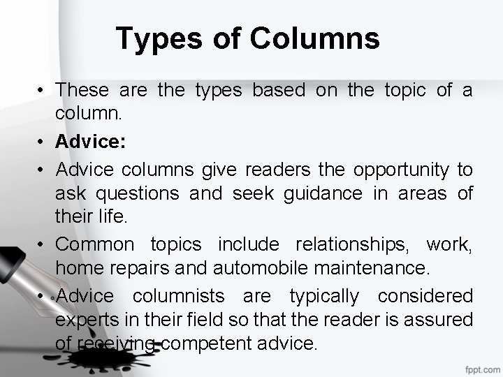 Types of Columns • These are the types based on the topic of a