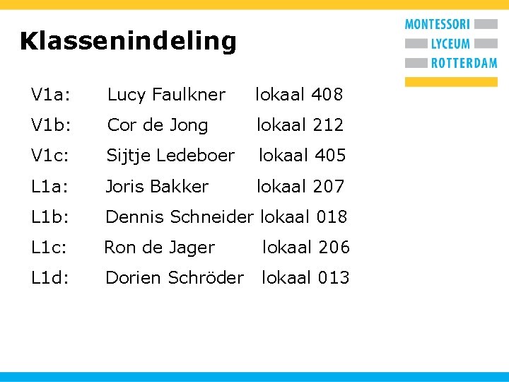 Klassenindeling V 1 a: Lucy Faulkner lokaal 408 V 1 b: Cor de Jong