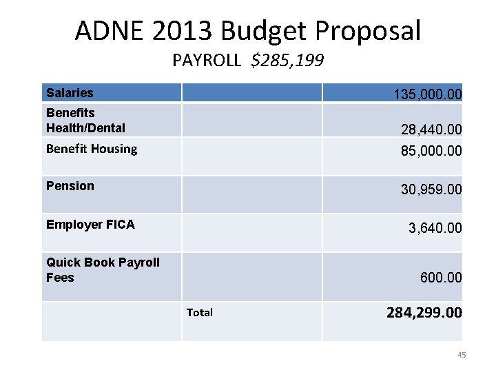 ADNE 2013 Budget Proposal PAYROLL $285, 199 Salaries Benefits Health/Dental • PAYROLL 135, 000.