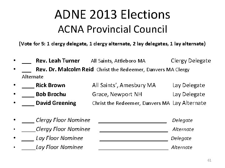 ADNE 2013 Elections ACNA Provincial Council (Vote for 5: 1 clergy delegate, 1 clergy