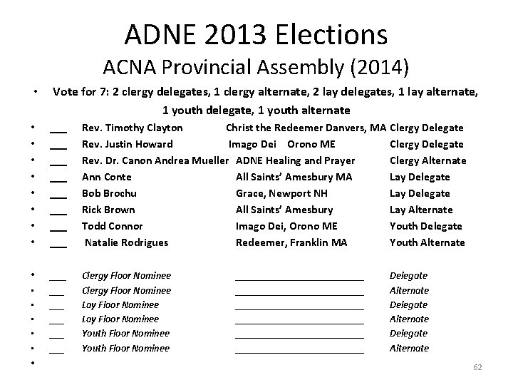 ADNE 2013 Elections ACNA Provincial Assembly (2014) • Vote for 7: 2 clergy delegates,