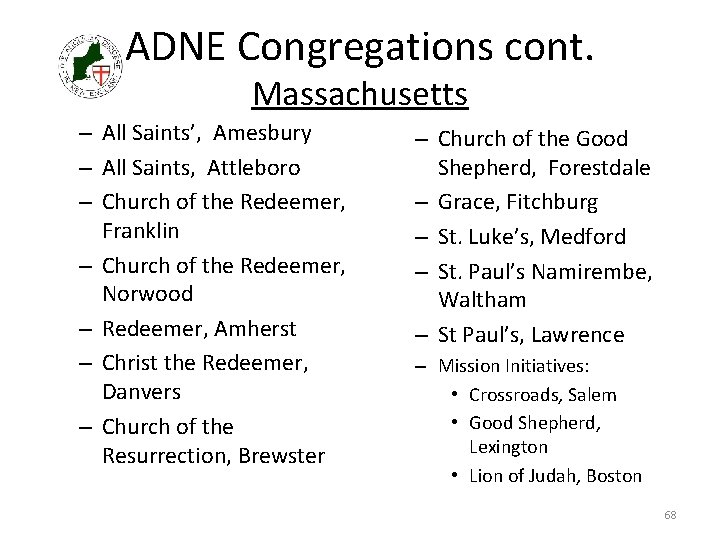 ADNE Congregations cont. Massachusetts – All Saints’, Amesbury – All Saints, Attleboro – Church