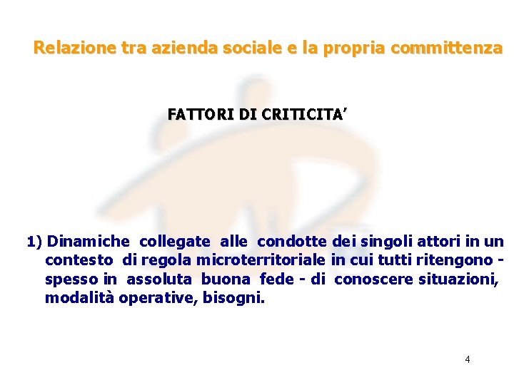 Relazione tra azienda sociale e la propria committenza FATTORI DI CRITICITA’ 1) Dinamiche collegate