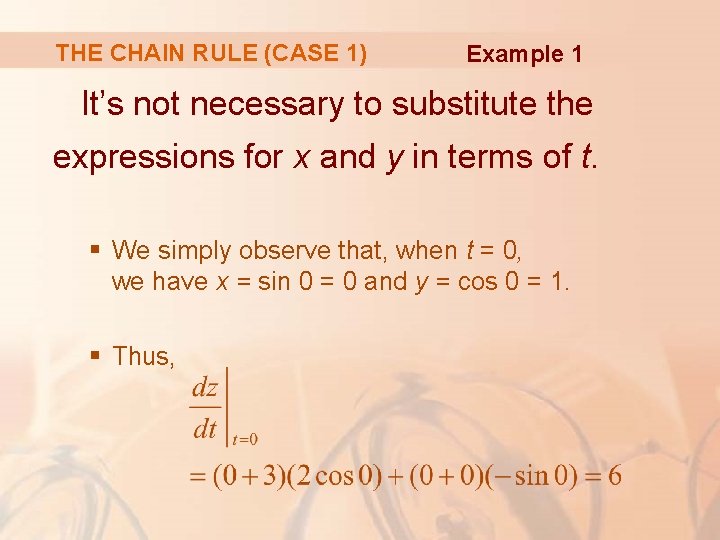 THE CHAIN RULE (CASE 1) Example 1 It’s not necessary to substitute the expressions