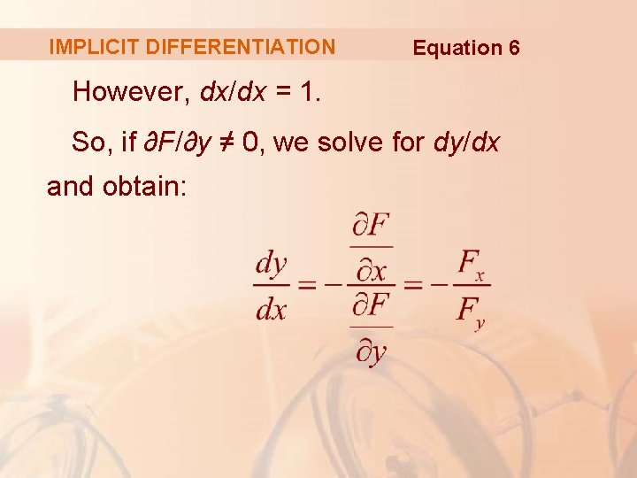 IMPLICIT DIFFERENTIATION Equation 6 However, dx/dx = 1. So, if ∂F/∂y ≠ 0, we