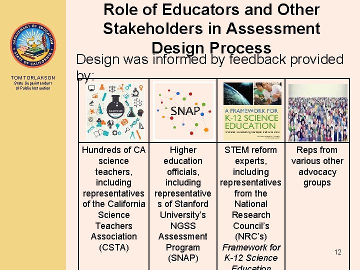 Role of Educators and Other Stakeholders in Assessment Design Process TOM TORLAKSON State Superintendent