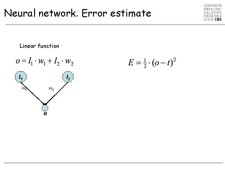 Neural network. Error estimate Linear function I 2 I 1 w 2 o Neural network. Error estimate Linear function I 2 I 1 w 2 o