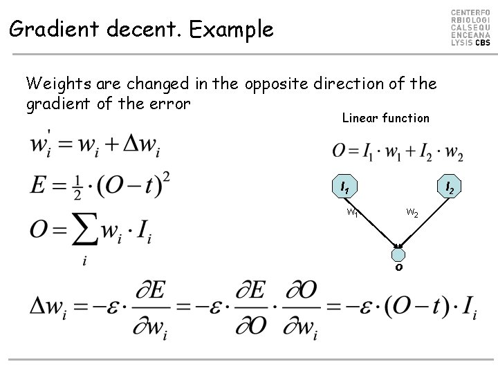 Gradient decent. Example Weights are changed in the opposite direction of the gradient of Gradient decent. Example Weights are changed in the opposite direction of the gradient of