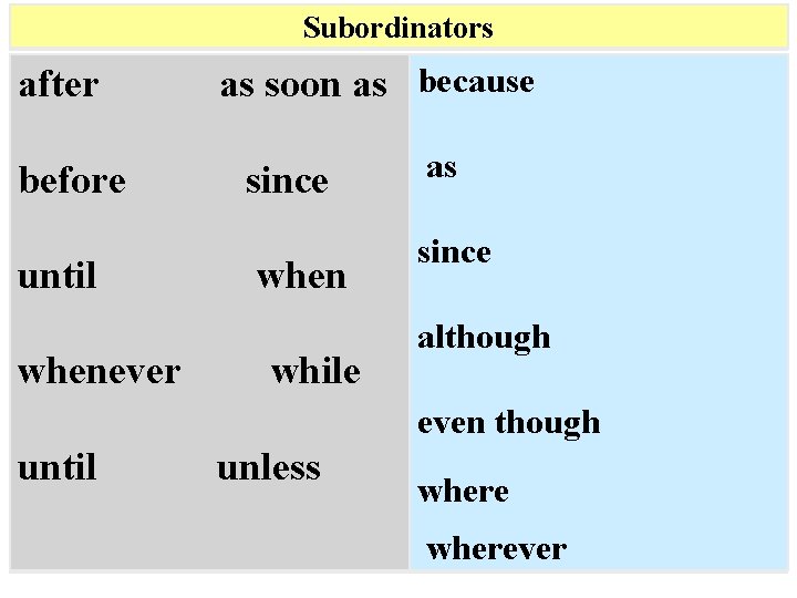 Subordinators after before until whenever as soon as because since when while as since