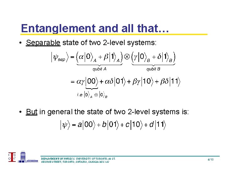 Entanglement and all that… • Separable state of two 2 -level systems: • But