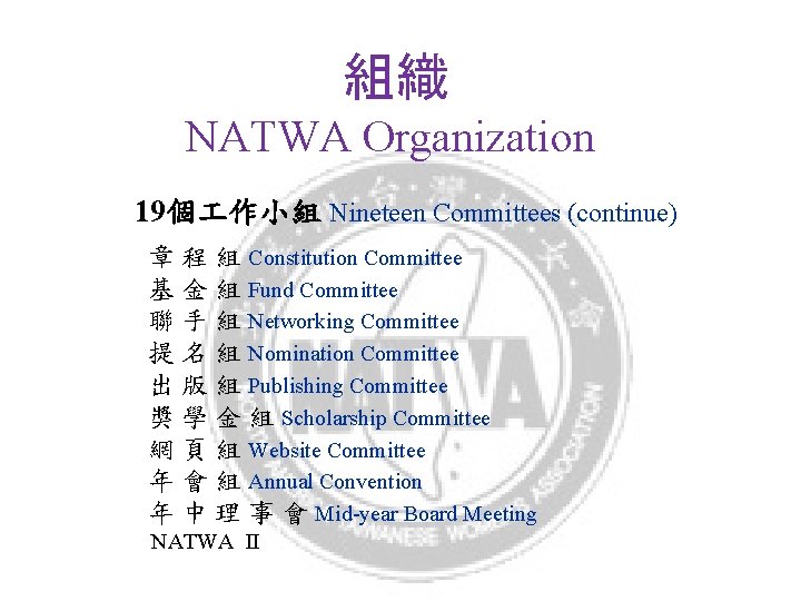 組織 NATWA Organization 19個 作小組 Nineteen Committees (continue) 章 程 組 Constitution Committee 基