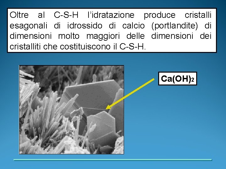 Oltre al C-S-H l’idratazione produce cristalli esagonali di idrossido di calcio (portlandite) di dimensioni