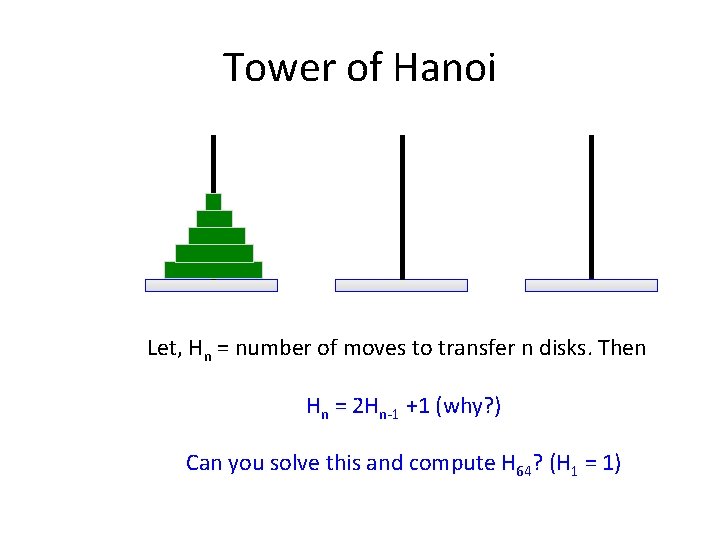 Tower of Hanoi Let, Hn = number of moves to transfer n disks. Then