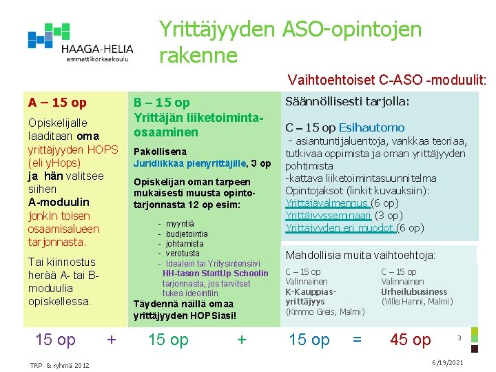 Yrittäjyyden ASO-opintojen rakenne Vaihtoehtoiset C-ASO -moduulit: A – 15 op Opiskelijalle laaditaan oma yrittäjyyden