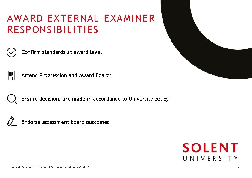 AWARD EXTERNAL EXAMINER RESPONSIBILITIES Confirm standards at award level Attend Progression and Award Boards