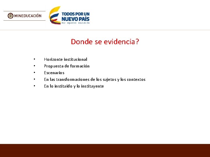 Donde se evidencia? • • • Horizonte institucional Propuesta de formación Escenarios En las