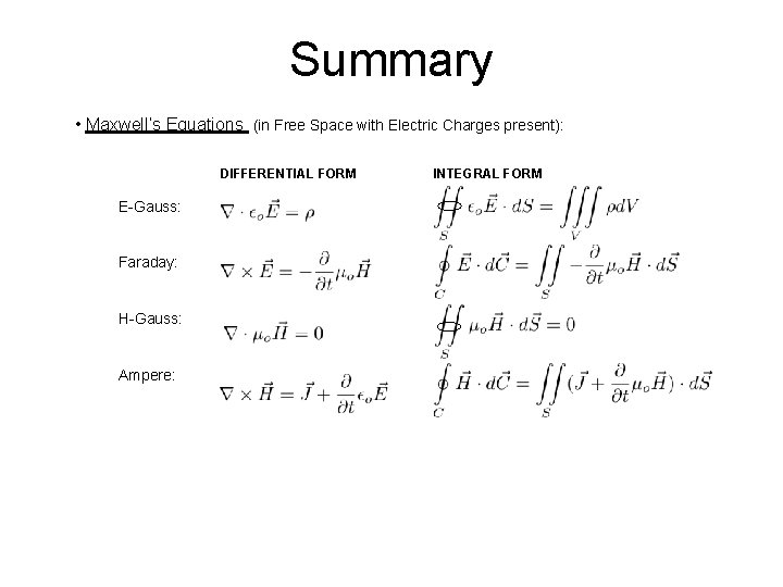 Summary • Maxwell’s Equations (in Free Space with Electric Charges present): DIFFERENTIAL FORM E-Gauss: