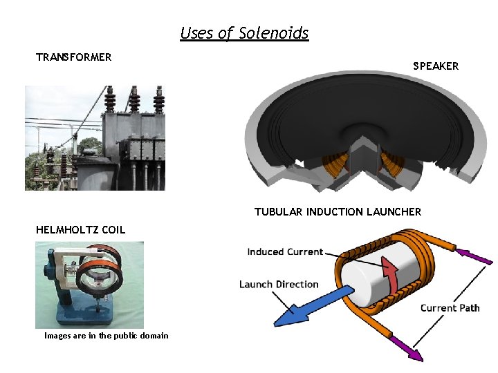 Uses of Solenoids TRANSFORMER SPEAKER TUBULAR INDUCTION LAUNCHER HELMHOLTZ COIL Images are in the