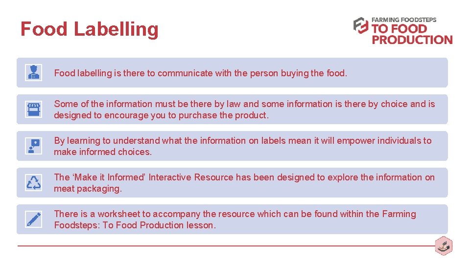 Food Labelling Food labelling is there to communicate with the person buying the food.