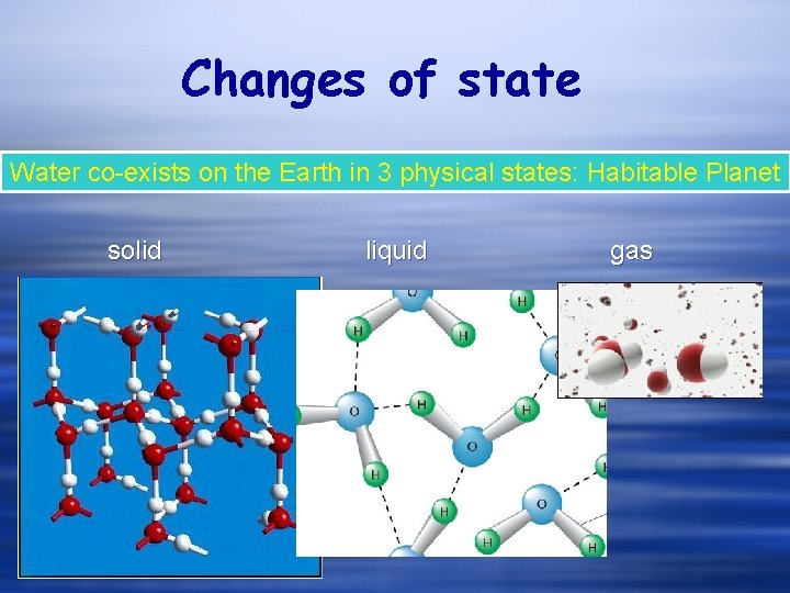 Changes of state Water co-exists on the Earth in 3 physical states: Habitable Planet Changes of state Water co-exists on the Earth in 3 physical states: Habitable Planet