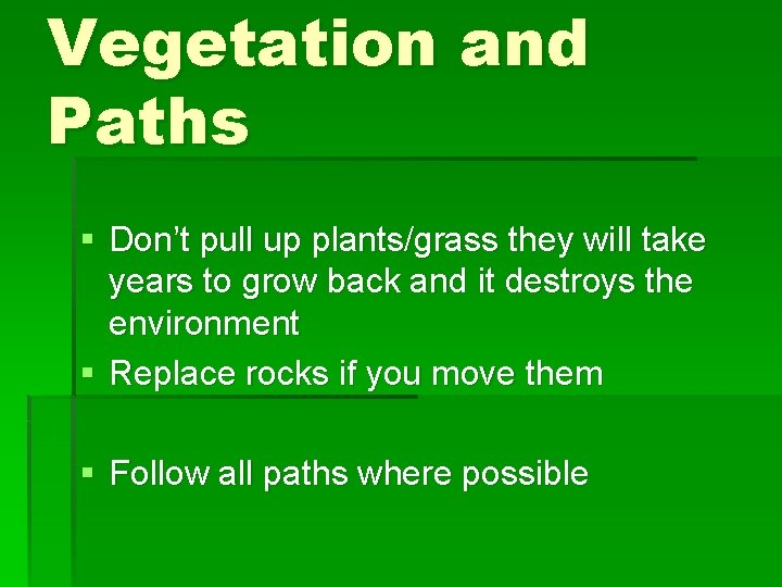 Vegetation and Paths § Don’t pull up plants/grass they will take years to grow