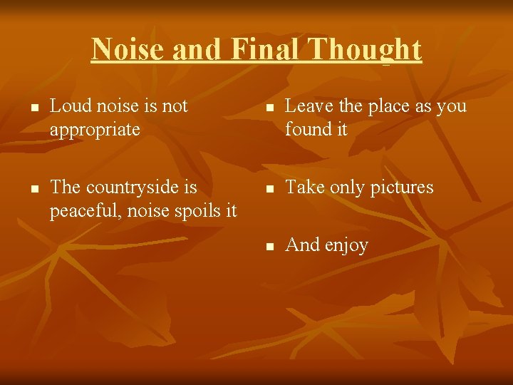 Noise and Final Thought n n Loud noise is not appropriate The countryside is