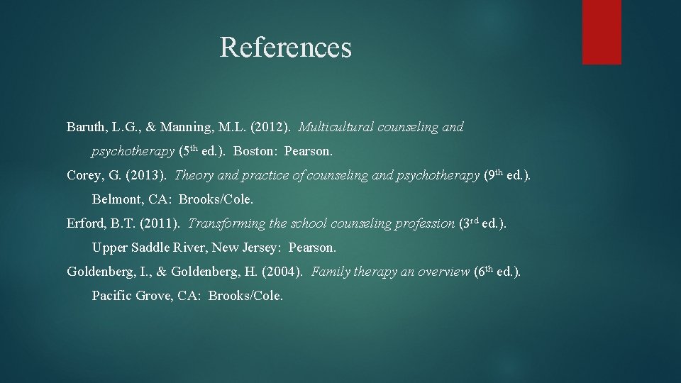 References Baruth, L. G. , & Manning, M. L. (2012). Multicultural counseling and psychotherapy
