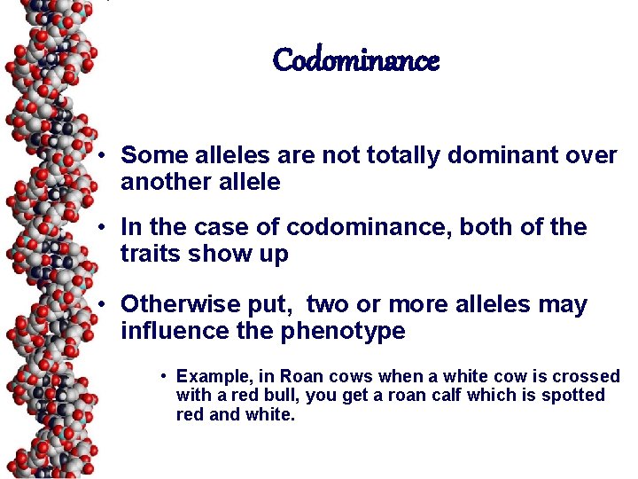 Codominance • Some alleles are not totally dominant over another allele • In the