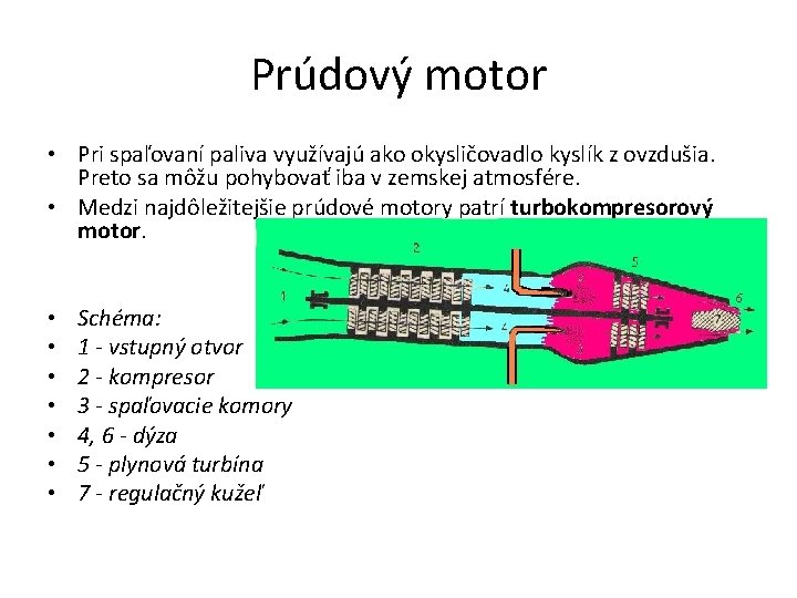 Prúdový motor • Pri spaľovaní paliva využívajú ako okysličovadlo kyslík z ovzdušia. Preto sa