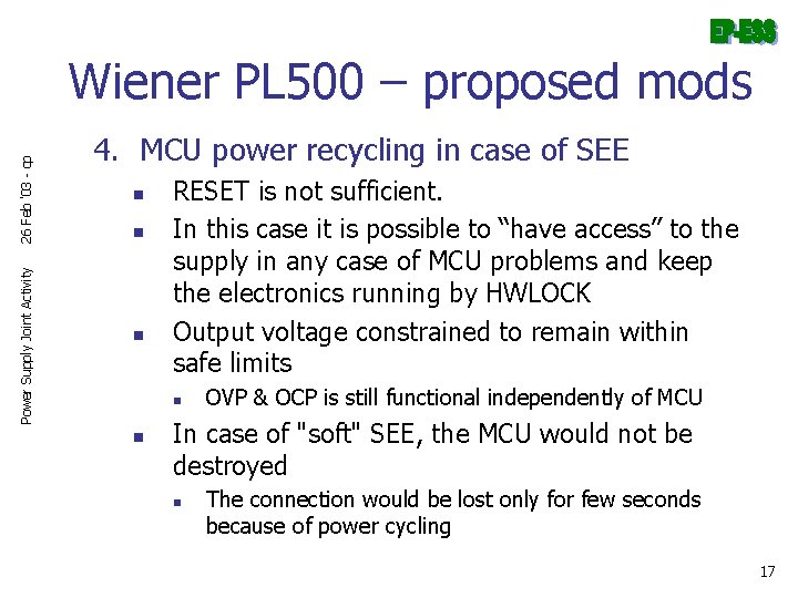 Power Supply Joint Activity 26 Feb '03 - cp Wiener PL 500 – proposed