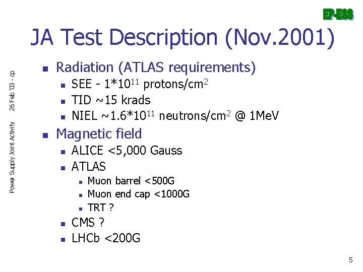 Power Supply Joint Activity 26 Feb '03 - cp JA Test Description (Nov. 2001)