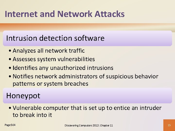 Internet and Network Attacks Intrusion detection software • Analyzes all network traffic • Assesses