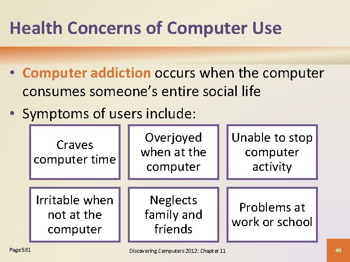 Health Concerns of Computer Use • Computer addiction occurs when the computer consumes someone’s