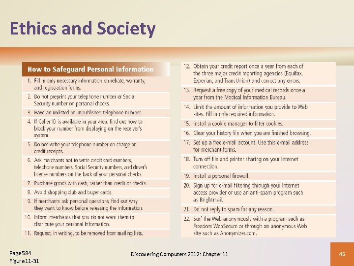Ethics and Society Page 584 Figure 11 -31 Discovering Computers 2012: Chapter 11 46