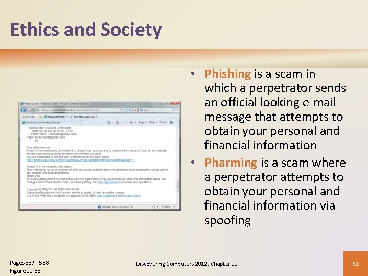 Ethics and Society • Phishing is a scam in which a perpetrator sends an