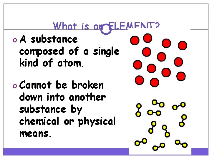 What is an ELEMENT? o A substance composed of a single kind of atom.